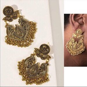 Boutique Bohemian Antique Gold Lotus Earrings Heavy Everyday Costume Jewelry